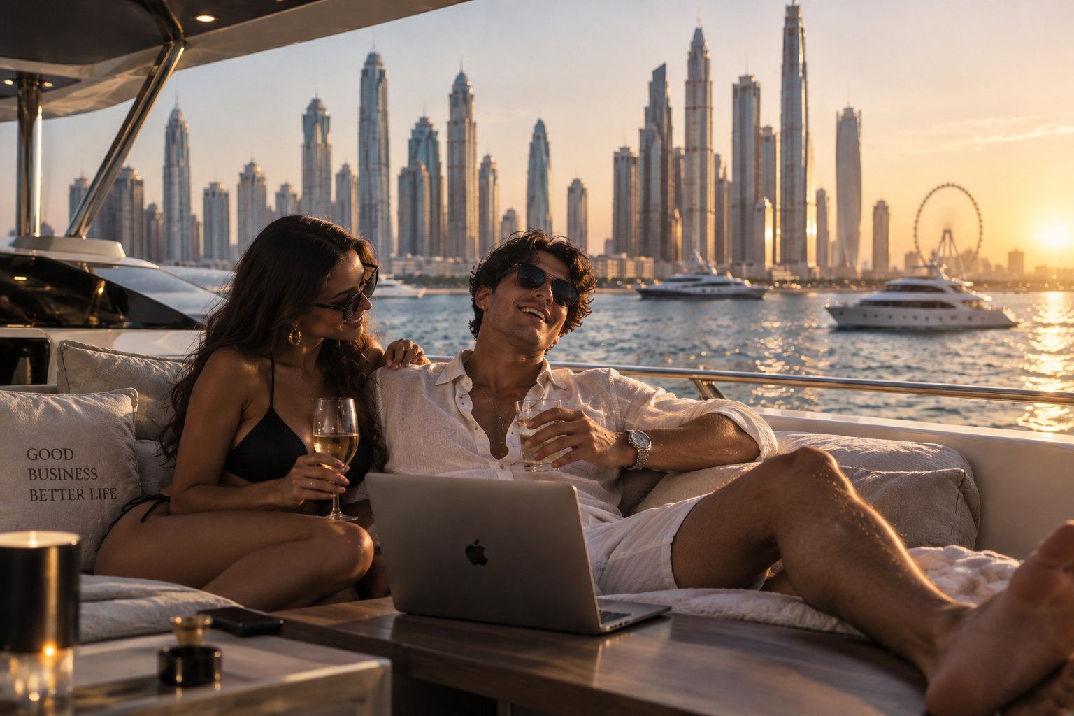 Rust en overzicht: werken vanaf het water met een skyline op de achtergrond