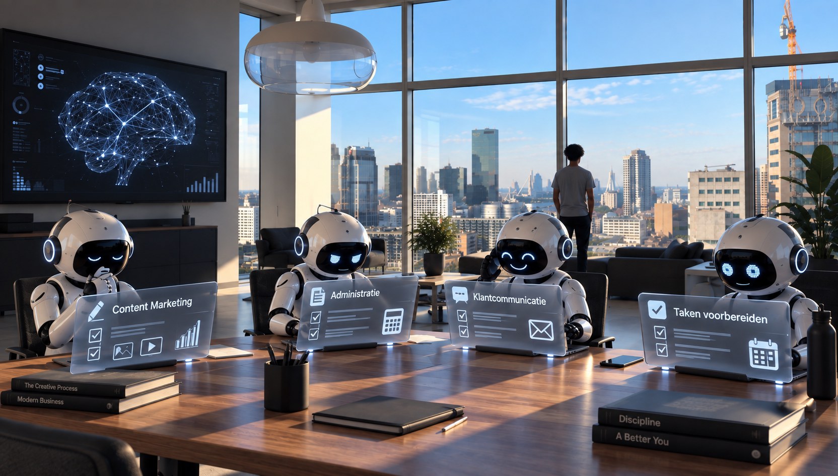 AI-assistenten werken met holografische schermen voor content, administratie en klantcommunicatie
